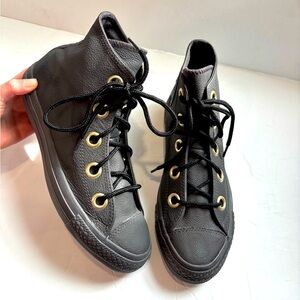 Converse All Star CTAS Big Eyelets Hi Top Leather Sneaker Black/Gold US Women 8